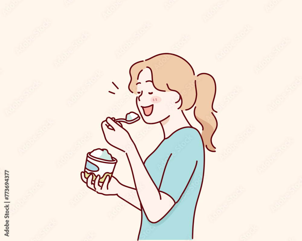 woman eating ice cream from a cup. Hand drawn style vector design illustrations. woman eating ice cream from a cup. Hand drawn style vector design illustrations.
