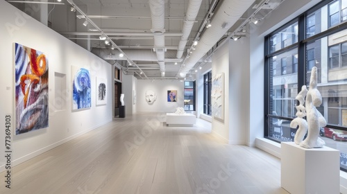 A contemporary art gallery with sleek white walls, track lighting, and large windows showcasing avant-garde sculptures and paintings against a backdrop of a modern urban landscape..