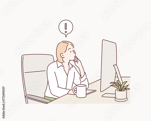 Happy woman sitting at a computer, exclamation marks, concept of a new idea. Hand drawn style vector design illustrations.