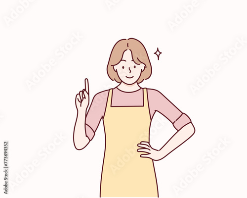 happiness smiling  young adult female woman wearing apron uniform hand gesture finger point up. Hand drawn style vector design illustrations.