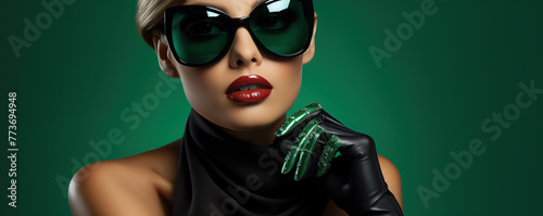 Woman Wearing Green Sunglasses and Black Dress