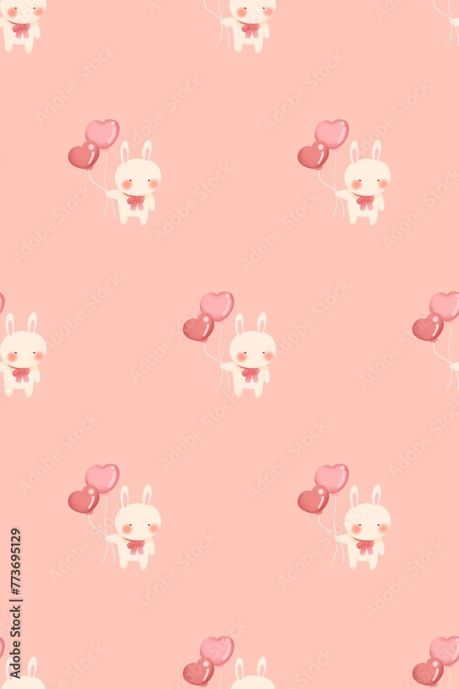 a pink bunny with balloons on a pink background