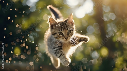 Playful Kitten Leaping in Mid-Air: Dynamic Cat Photography Image