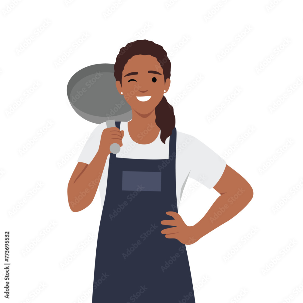 Young woman in chef apron holding frying pan. Flat vector illustration isolated on white background