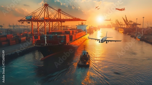 Sunrise Scene: Shipping Container and Cargo Plane Transport in Shipyard