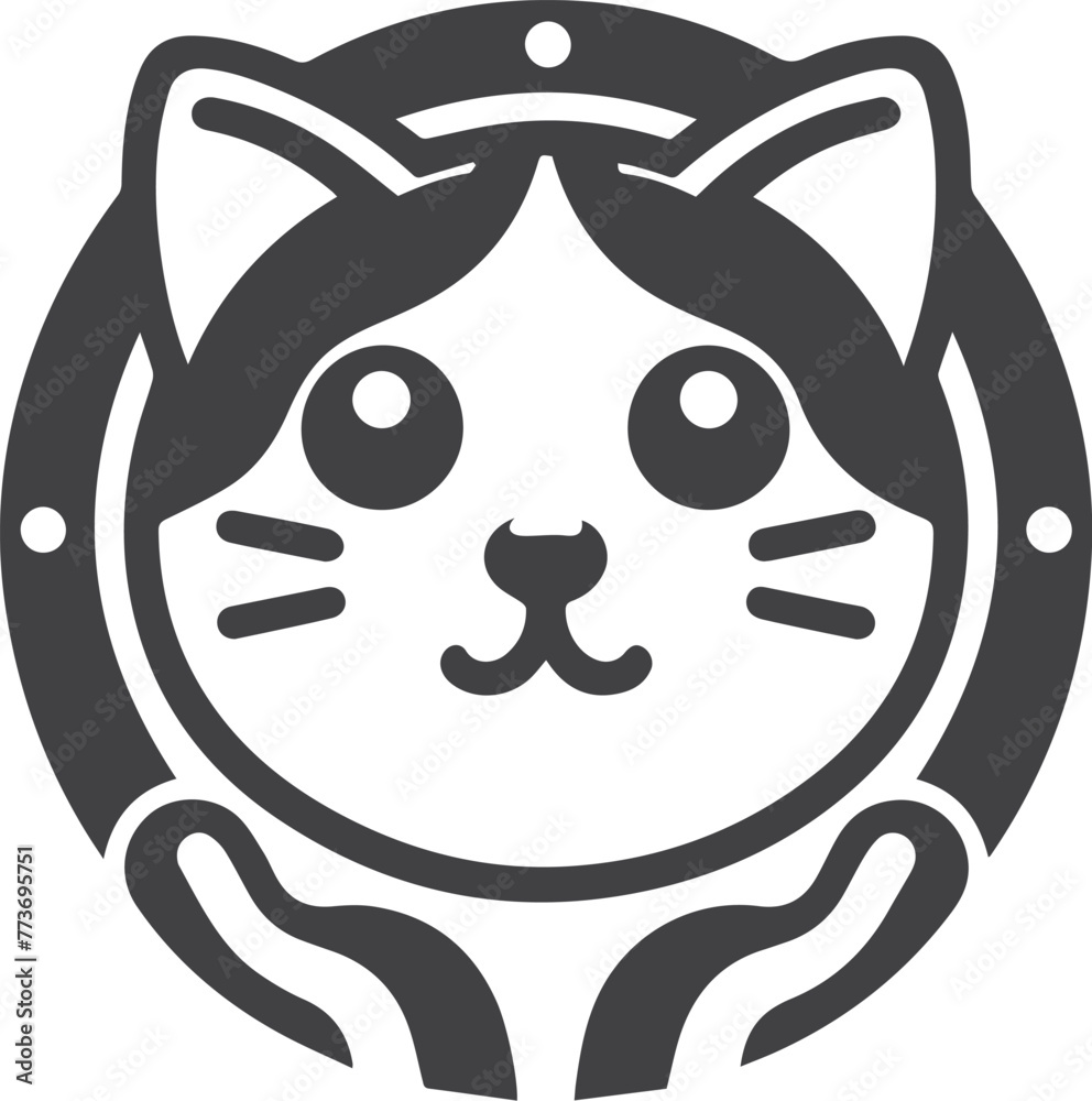 Cute Cat Logo in Monochrome Flat Design