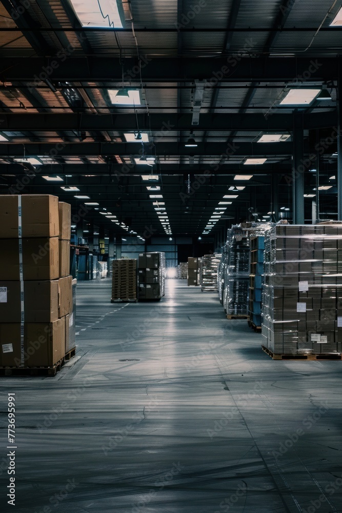 A vast warehouse space filled with stacked crates, pallets, and boxes, stretching into the distance under dim industrial lighting, Generative AI A vast warehouse space filled with stacked crates, pallets, and boxes, stretching into the distance under dim industrial lighting, Generative AI