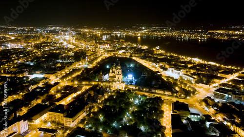 Astrakhan, Russia. View of the Astrakhan Kremlin. Night city, Aerial View