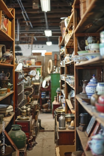 A vintage warehouse filled with antiques, collectibles, and treasures from bygone eras, offering a glimpse into the past, Generative AI