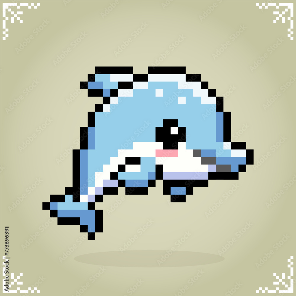 Dolphin in 8 bit pixel art. Animals for games assets and cross stitch patterns in vector illustration