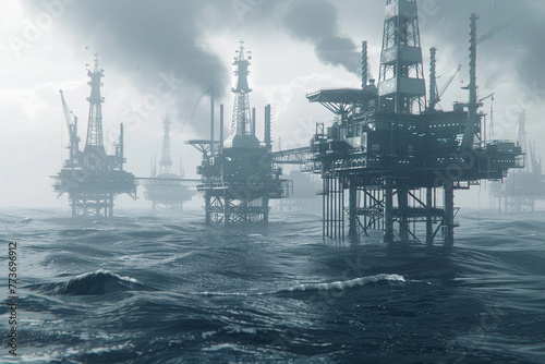 A futuristic depiction of oil and gas platforms towering above the choppy waters of the North Sea,