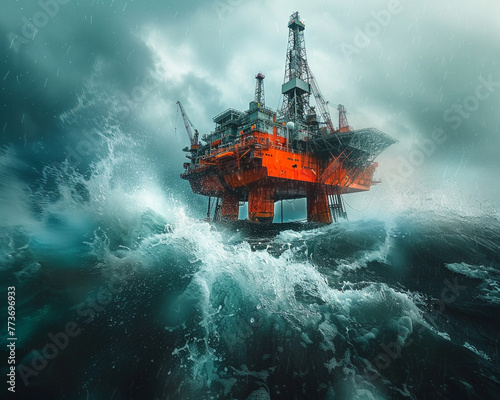 A mesmerizing blend of man-made and natural elements in the backdrop of an offshore oil rig drilling platform in the North Sea, © Bordinthorn