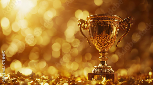 A uniquely crafted trophy standing out against a shimmering golden background,