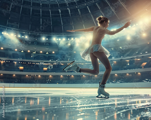 A woman gracefully gliding across the ice rink in a grand stadium setting, © Bordinthorn