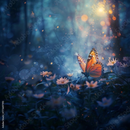 Tranquil butterfly resting on a blossom, surrounded by a misty, magical forest glow