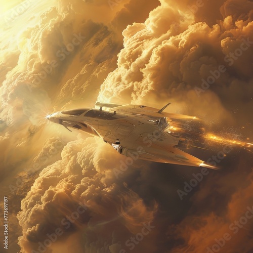 Venusian delivery, acid clouds parting as a sleek, heatresistant drone descends with supplies, golden hues, dynamic lighting, photorealistic photo