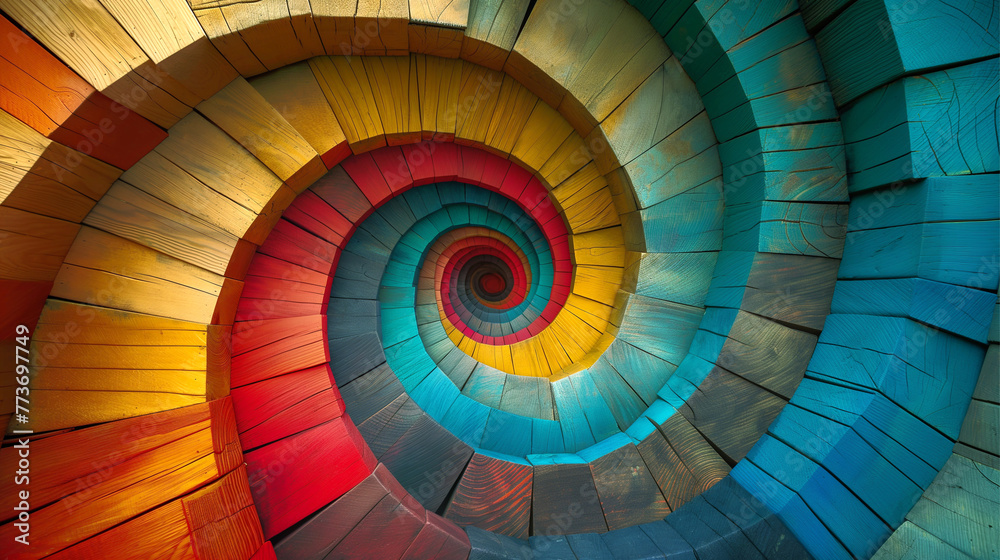 Fototapeta premium Colorful abstract background of a beautifully colored wooden material with a rough surface rolling into a concentric circle. 3D illustration. 