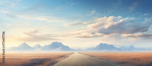 Desolate desert landscape featuring a long road stretching through the arid terrain with majestic mountains in the far background