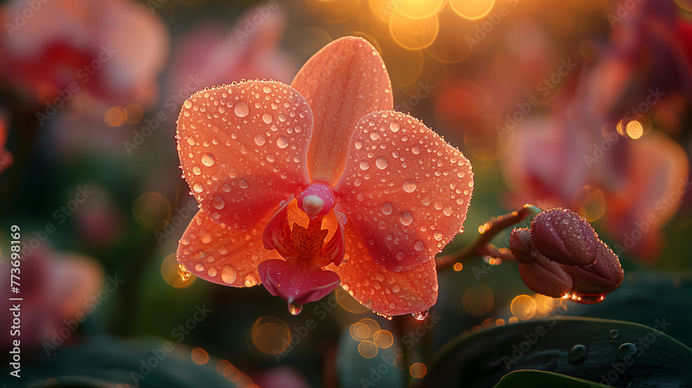 An orchid flower has water droplets on its petals and behind it is the setting sun. An orchid flower has water droplets on its petals and behind it is the setting sun.