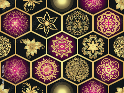 Vector hand drawn seamless geometric pattern of hexagons iwith golden mandalas and flowers