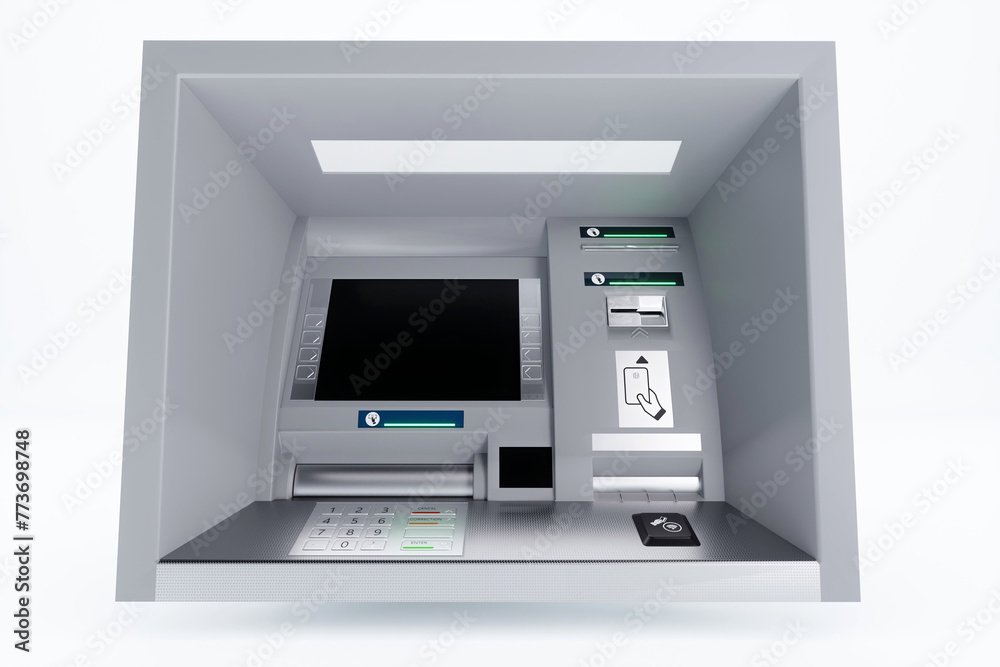 ATM isolated on white background. 3D rendering. ATM isolated on white background. 3D rendering.