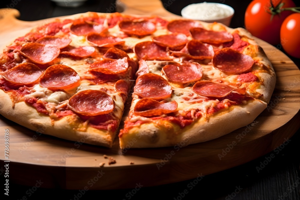 Whole Pepperoni pizza with salami and tomatoes and mozzarella cheese, close up shot HD slices