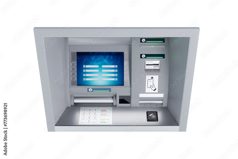 ATM isolated on white background. 3D rendering. ATM isolated on white background. 3D rendering.