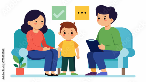 A child sitting at a thes office drawing a picture of a happy family while explaining their fears and worries about their parents separation.