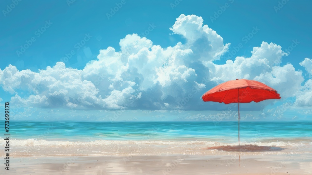 red umbrella on the beach, illustration, background