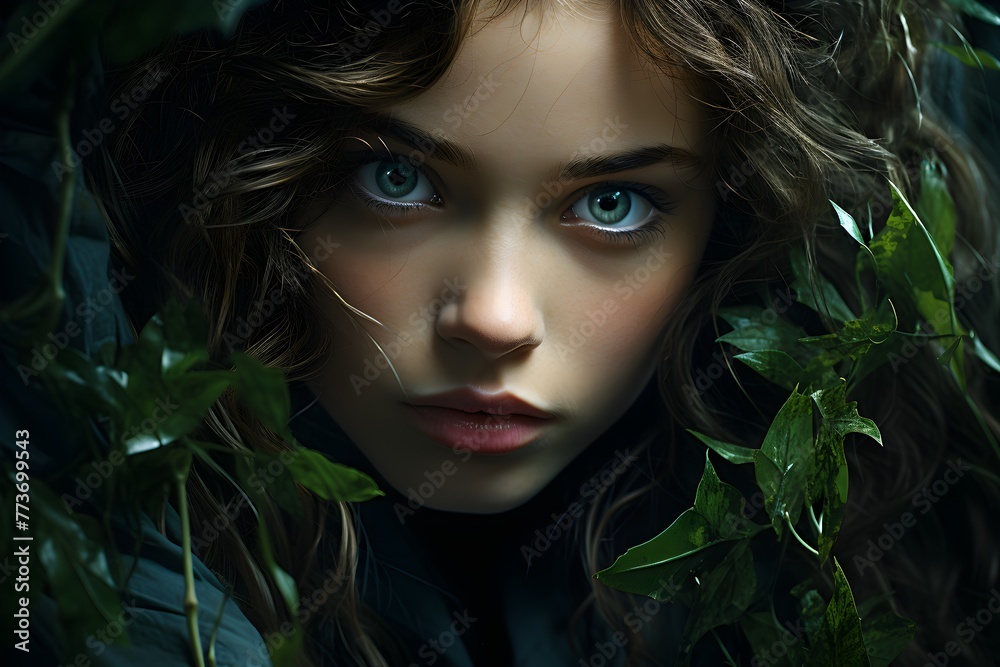 Attractive face of girl with leaf in leafy area dark green - obrazy, fototapety, plakaty 