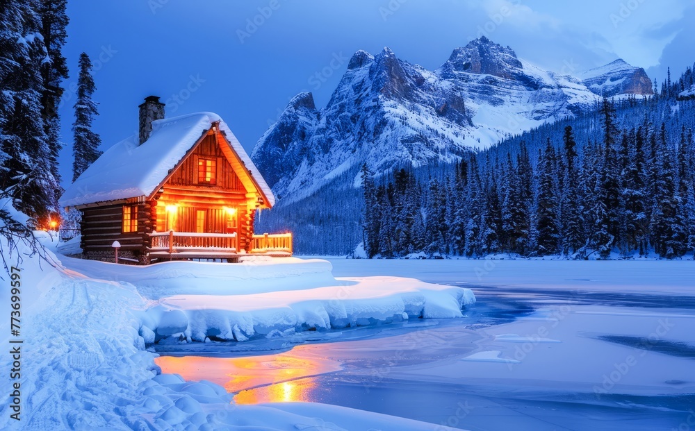 Naklejka premium Snow-Covered Cabin By a Frozen Lake in a Mountainous Winter Landscape at Dusk