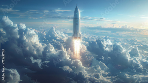 A rocket is flying through the sky, surrounded by clouds