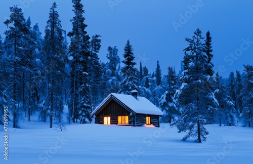 Twilight Serenity at a Snow-Covered Cabin in a Winter Forest © Olena Rudo