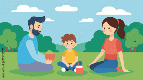 An image of a family having a picnic in the park with the adolescent rolling their eyes at what the parents are saying reflecting the challenge