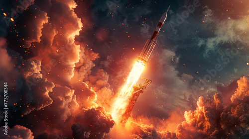 A rocket is flying through a fiery sky