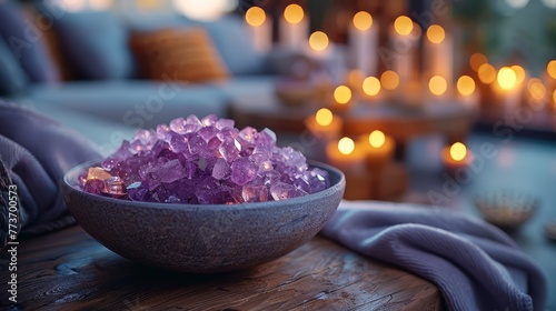  A bowl brimming with amethyst gems rests atop a wooden table Adjacent, a candle-lit chamber radiates warmth with rows of flickering flames