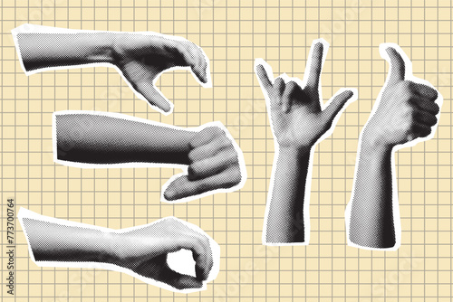 set of halftone hands. Trendy halftone style for collages. Modern vector illustration