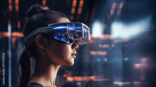 A woman in futuristic attire wearing VR glasses, immersed in realistic virtual reality experience. Woman wearing smart glasses futuristic technology digital. Futuristic technology concept  © Anthichada