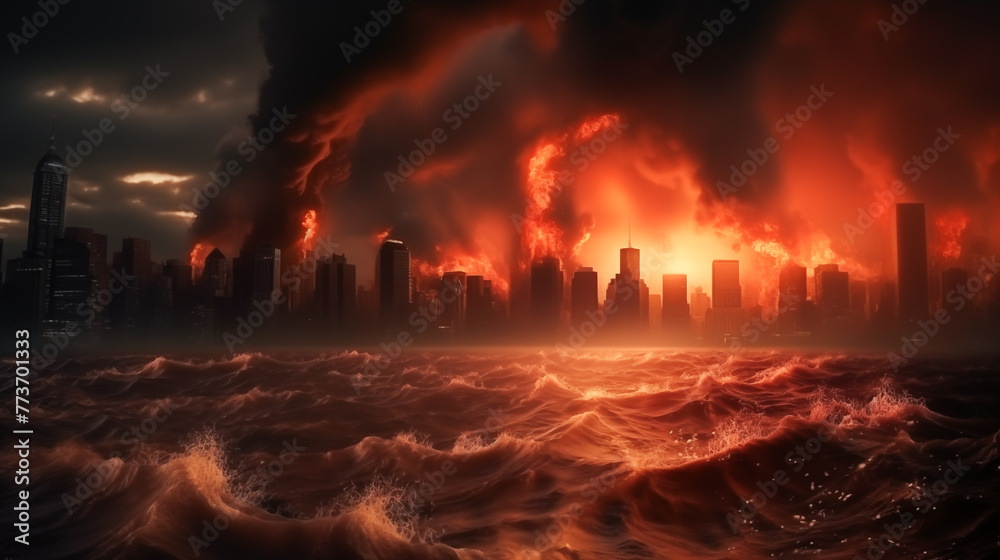A city destroyed by a natural disaster. Urban flooding resulting from global warming, Impact of climate change induced rising waters submerging a city. Natural disaster, End of the world