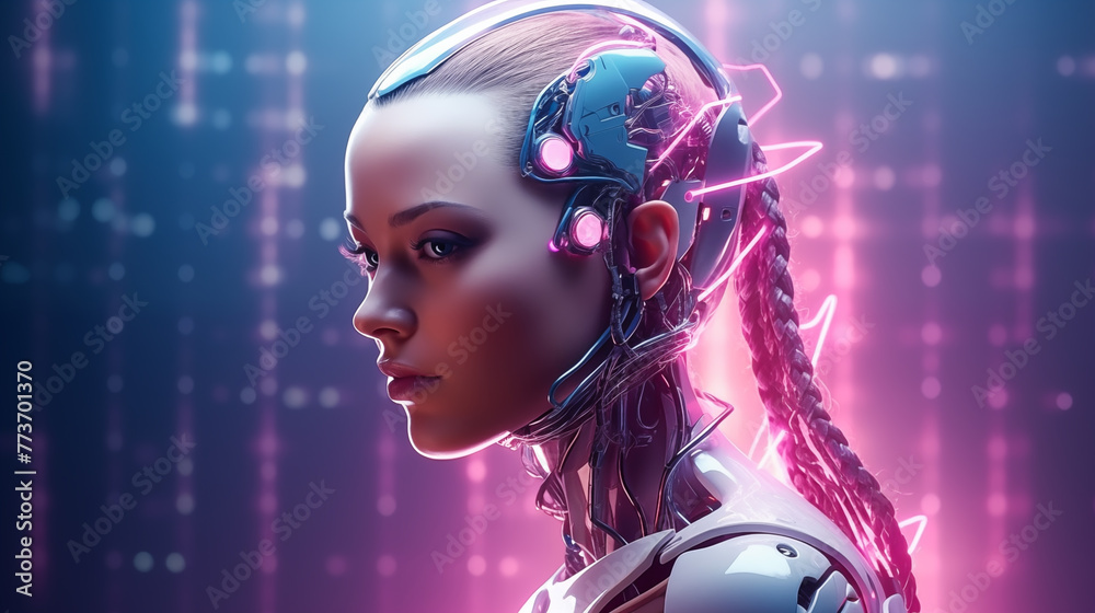 Robot with artificial intelligence. Artificial intelligence concept. Futuristic woman robot head with technology neural system. People futuristic artificial intelligence, robots system	