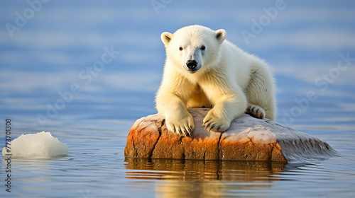 A polar bear climbed onto a melting snow flow. Polar Bear on ice flow. Ursus maritimus. Baffin Bay, Nunavut, Canada, North America, Greenland. Global warming, Climate change concept