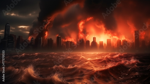 A city destroyed by a natural disaster. Urban flooding resulting from global warming  Impact of climate change induced rising waters submerging a city. Natural disaster  End of the world