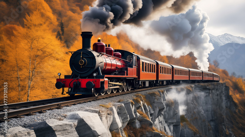 Steam train in the mountains. Transportation concept