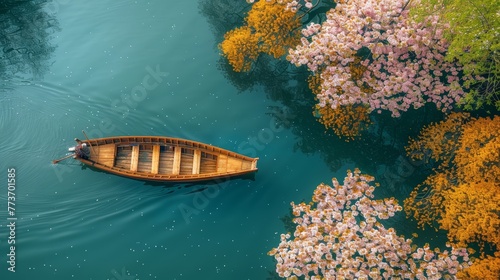  A boat floats on top of a body of water beside a forest brimming with many pink and yellow blossoms
