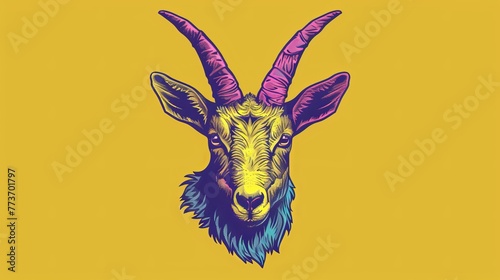  Goat head with long horns and a purple-blue color scheme on a yellow background