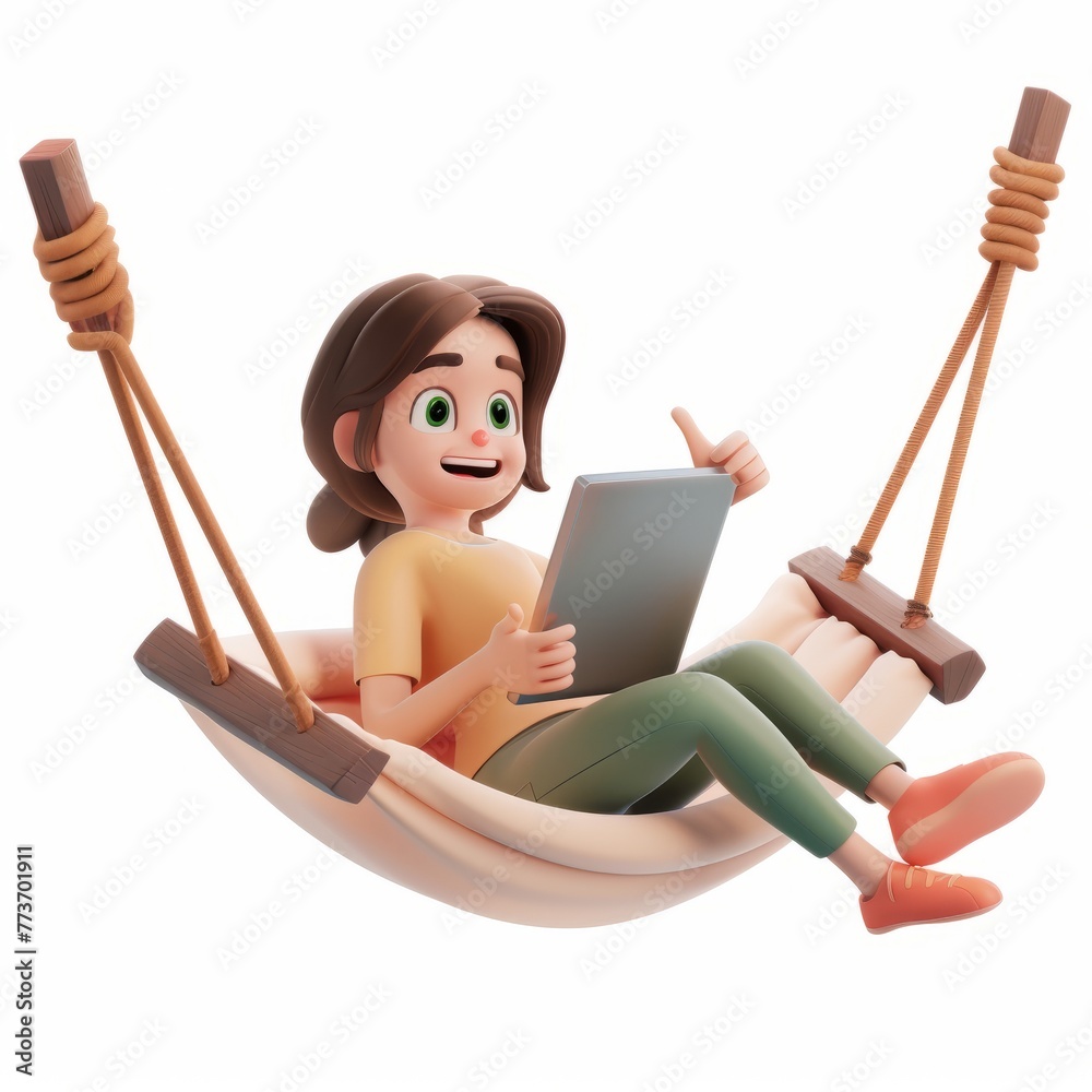 3D Render of a relaxed cartoon woman sitting in a hammock, browsing on a tablet and giving a thumbs up, on isolated white background, Generative AI 3D Render of a relaxed cartoon woman sitting in a hammock, browsing on a tablet and giving a thumbs up, on isolated white background, Generative AI