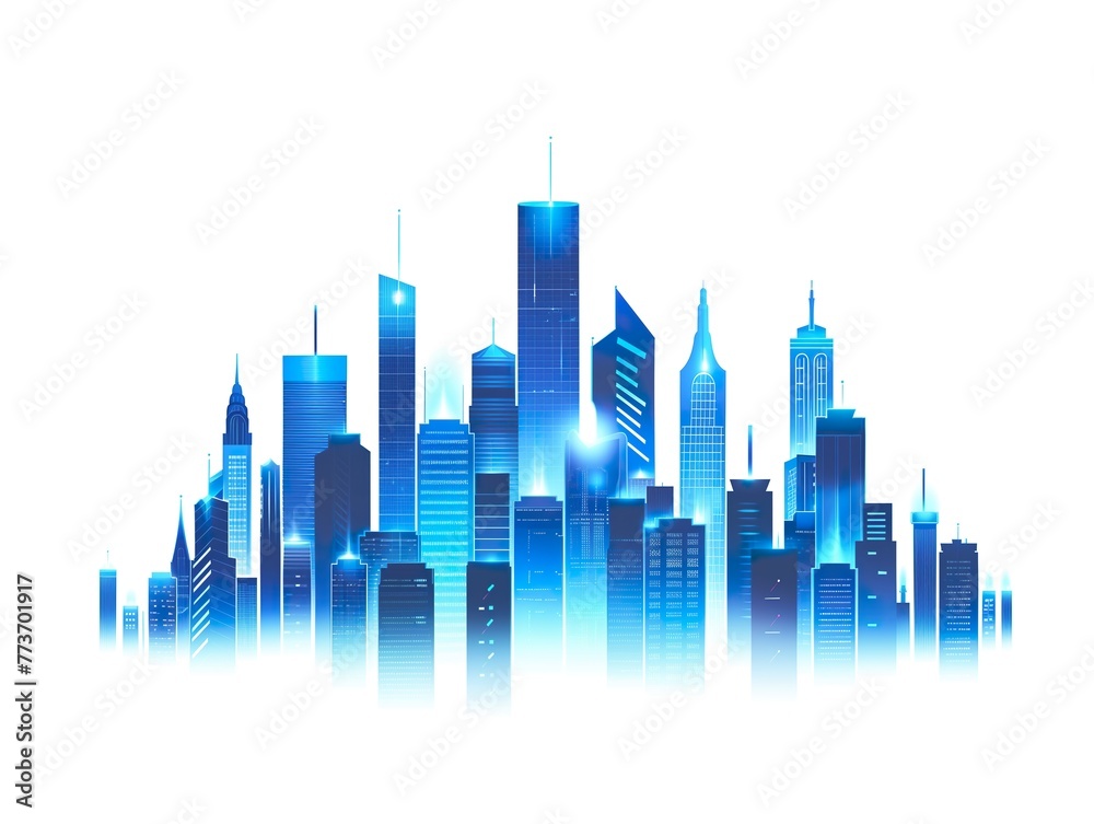 Blue neon city skyscrapers modern technology concept flat vector, isolated on white background