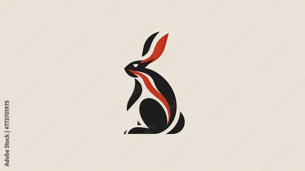   A black and red rabbit in white background with a red stripe on its head