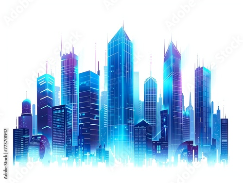 Blue neon city skyscrapers modern technology concept flat vector, isolated on white background