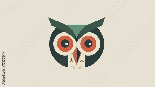   An owl s face with red eyes on a beige background and a green leaf in the center